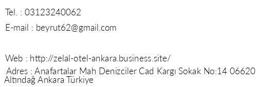 Zelal Otel Ankara telefon numaralar, faks, e-mail, posta adresi ve iletiim bilgileri